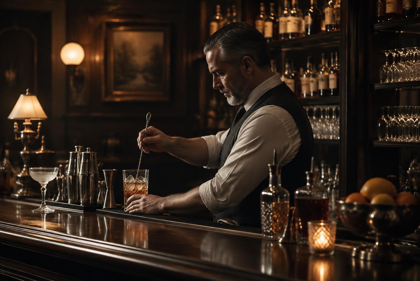 Bartender em bar clássico utilizando utensílios tradicionais